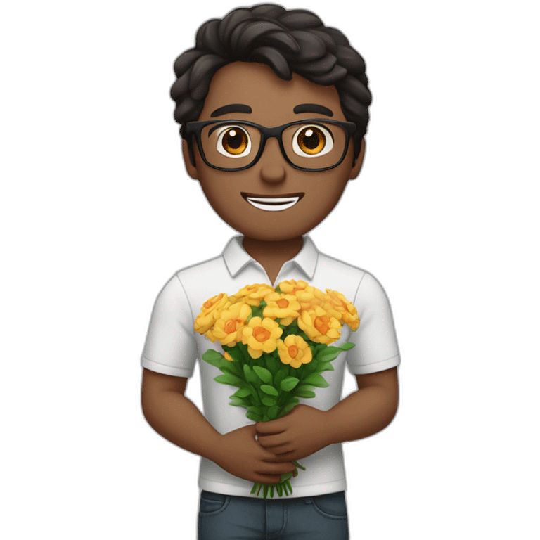 white skin guy with dark hair and glasses gives a bouquet of flowers emoji