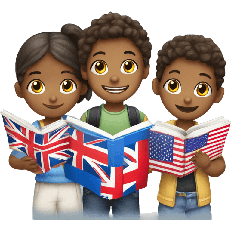 A vivid picture of children learning English, for example, playing games in English, reading books, drawing flags of different countries. emoji