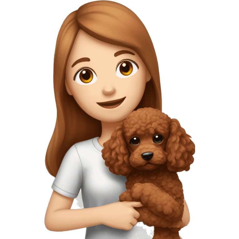 A white girl with long brown hair hugging a cute red brown toy poodle puppy  emoji