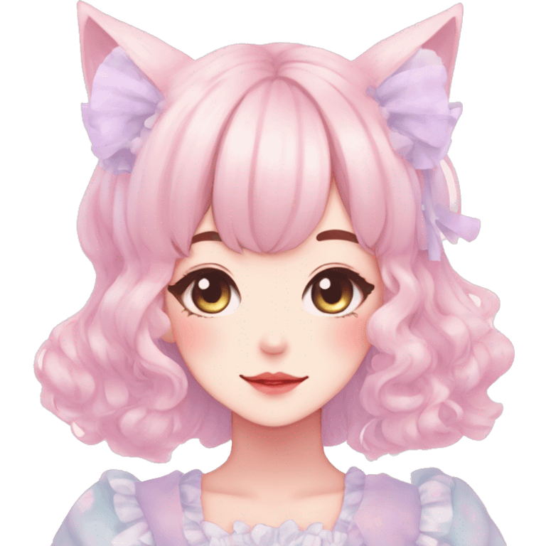 Gorgeous pastel anime style lady with blushing face and cat ears cottagecore fairycore pastelcore colorful pearly romantic simplistic aesthetic trending style emoji