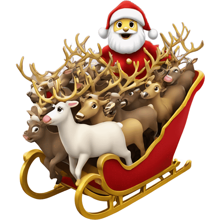 Santa Claus on his red and gold sleigh being pulled by 8 reindeer emoji