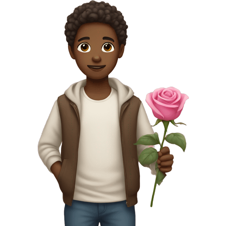 brown skin boy holding a pink rose emoji