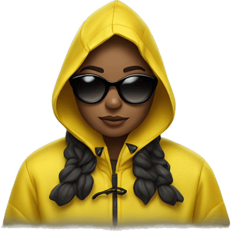 girl in yellow raincoat meme with black sunglasses emoji