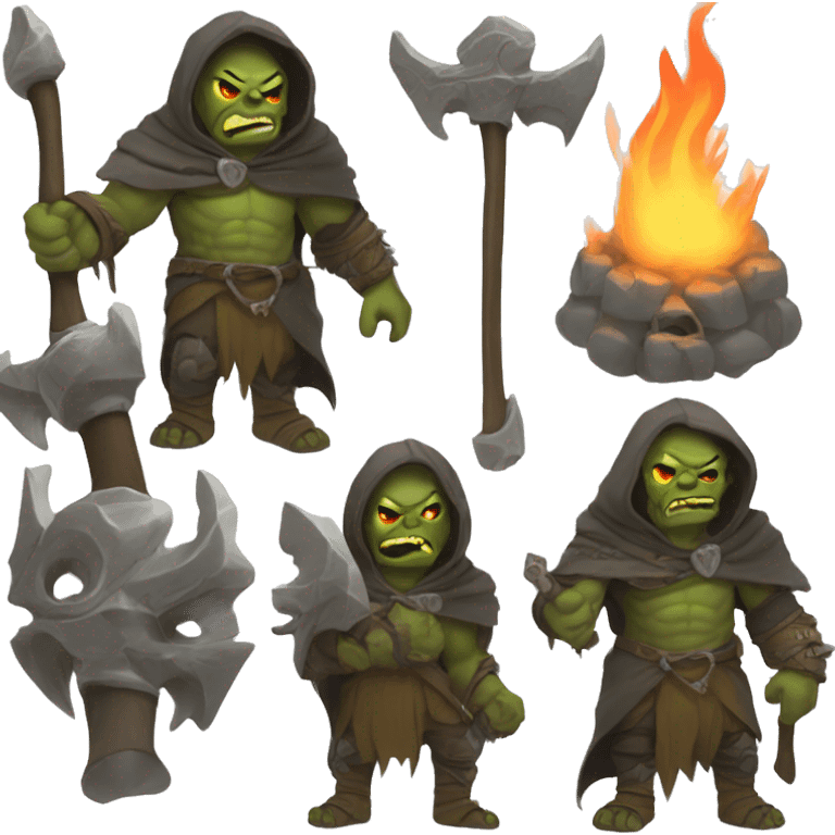 Orc weapon spirit with ghostly weapons, cloak with burning eyes, Halloween theme, emoji emoji