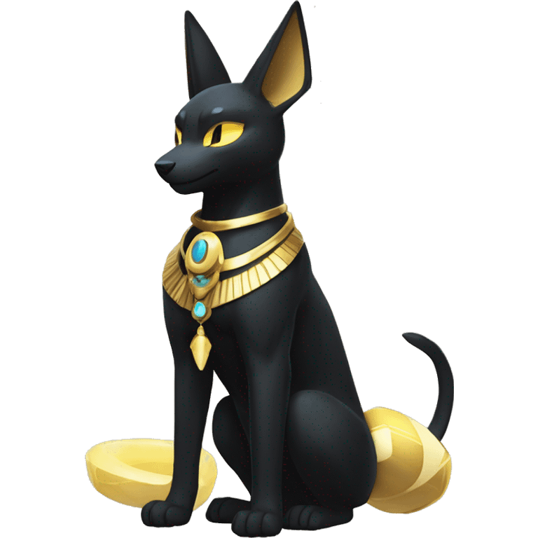 Black godly overpowered ethereal majestic Egyptian Lucario-Umbreon-Cat. Golden Anubis-Rings and yellow ring-markings. Full body emoji