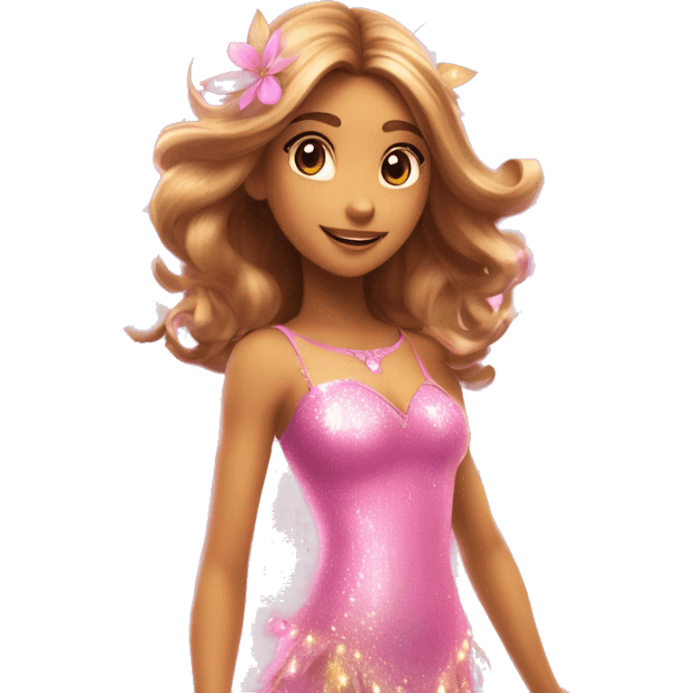 Flora the adult latina fairy of nature in her enchantix fairy pink clothing and fairy enchantix wings and long light brown hair from winx club. Small eyes, Lots of sparkles and fairydust   emoji