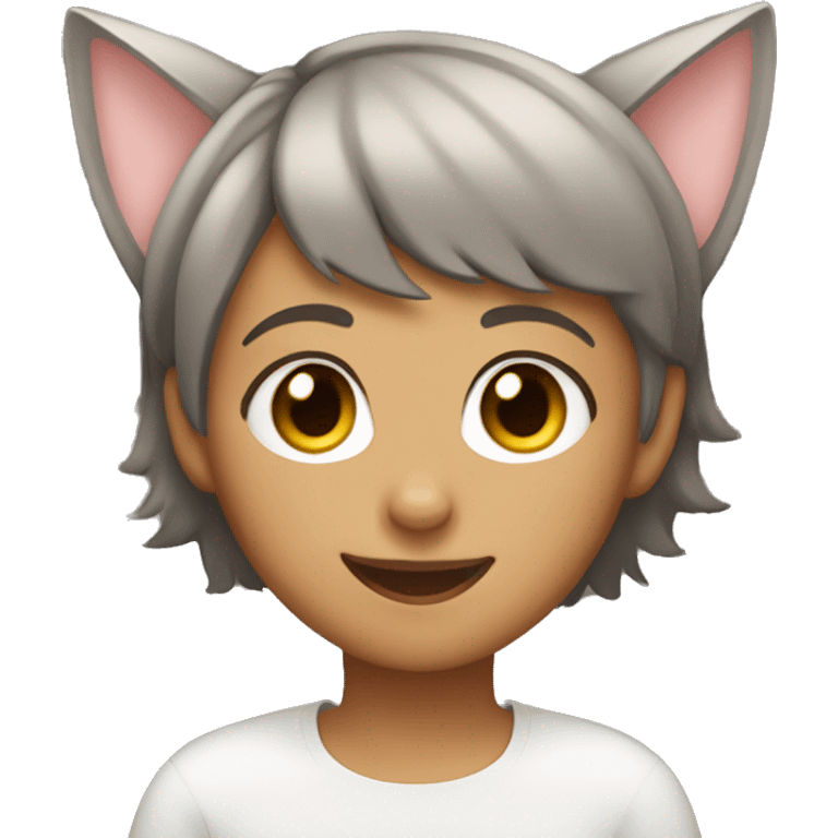 girl with short hair, brown eyes, smiling with cat ears emoji