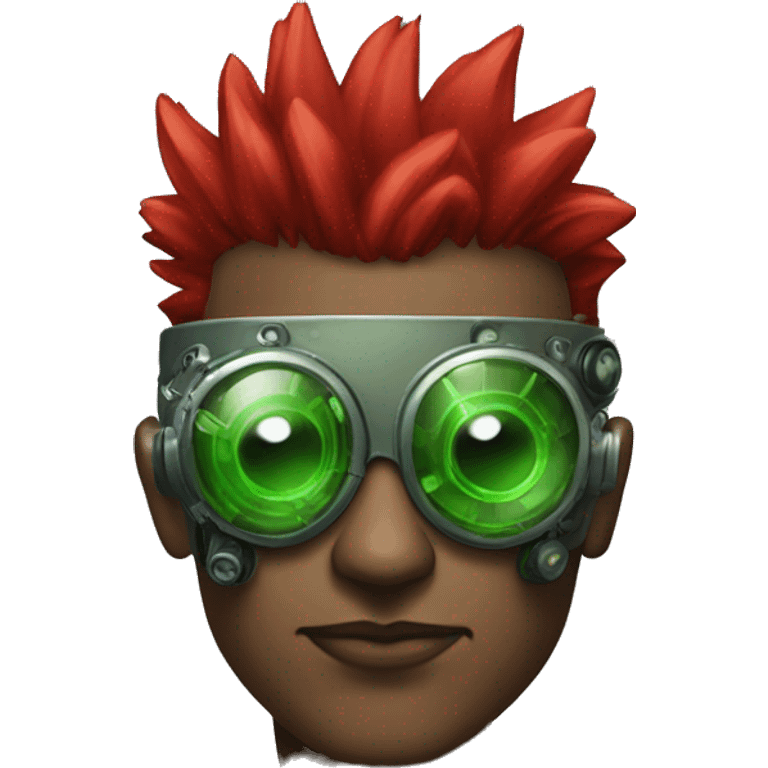 Male cyborg with thin red Mohawk and green steampunk goggles emoji