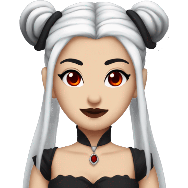 Vampire woman, white skin, pretty red eyes, half up half down black hair, two space buns on the top of her head emoji