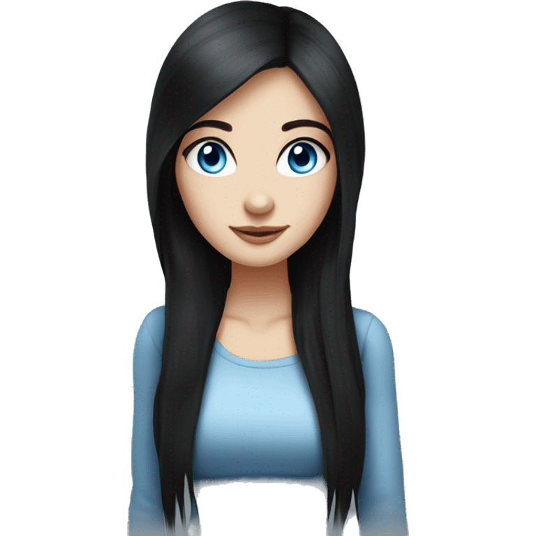 Girl fair skin, long black hair, standing , blue eyes ,beautiful girl, very hot girl emoji