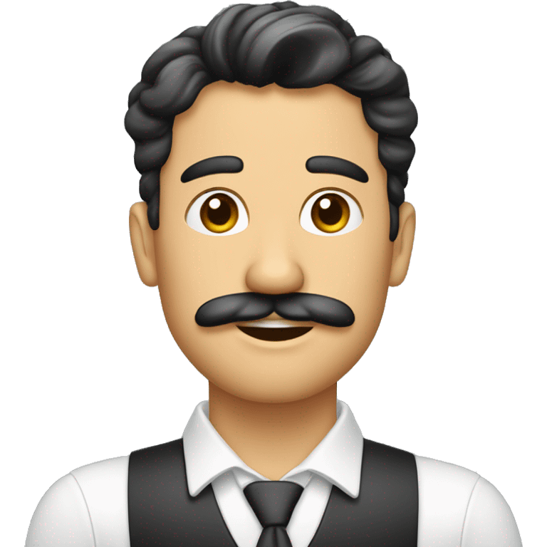 Homem executivo, celular, barba pequena e bigode,terno,cabelos pretos, nariz medio emoji