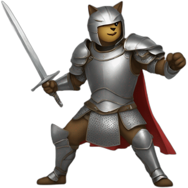 Man wearing armor fights cat emoji