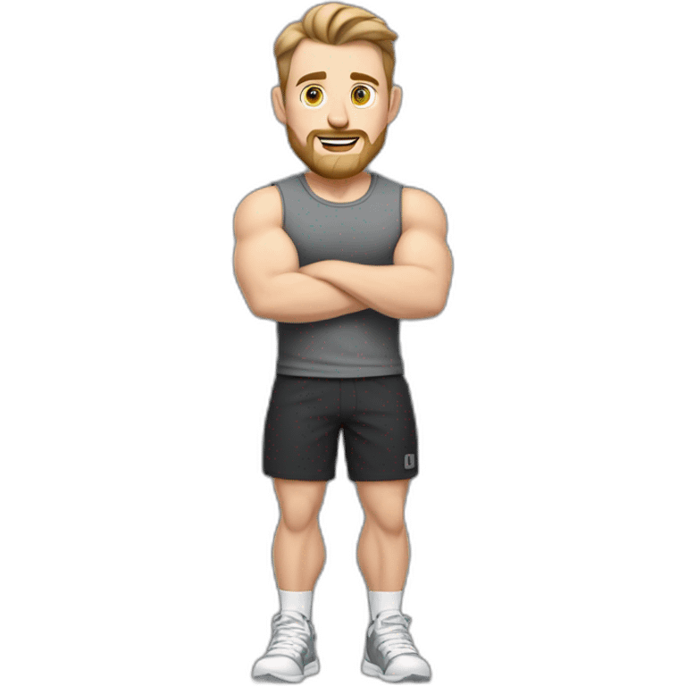 Full height Pale skinned fit man With biceps, Realistic eyes and mouth, light brown hair and stubble In dark gray sleeveless mike, black oversize sports shorts, watch and white sneakers. emoji