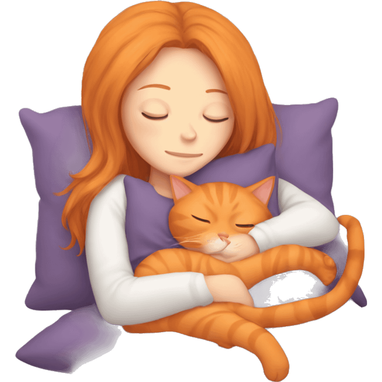 orange cat sleeping with long haired brunette girl holding pillow emoji