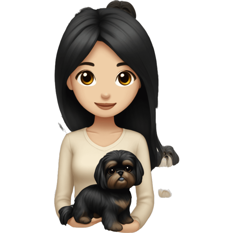 long black hair korean girl with beige and black shih tzu yorkie emoji