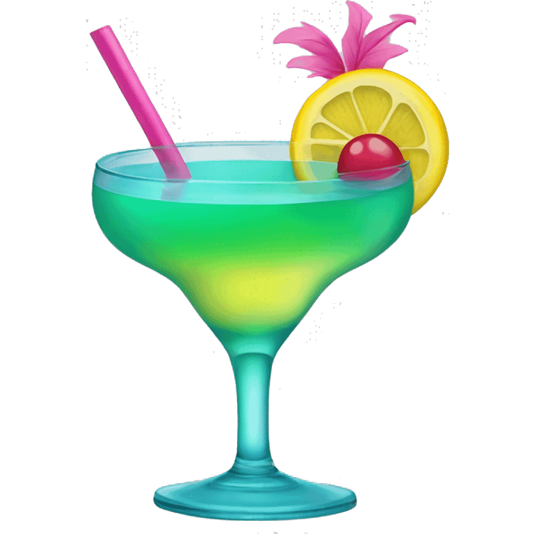 Bluish green cocktail with pink and yellow emoji