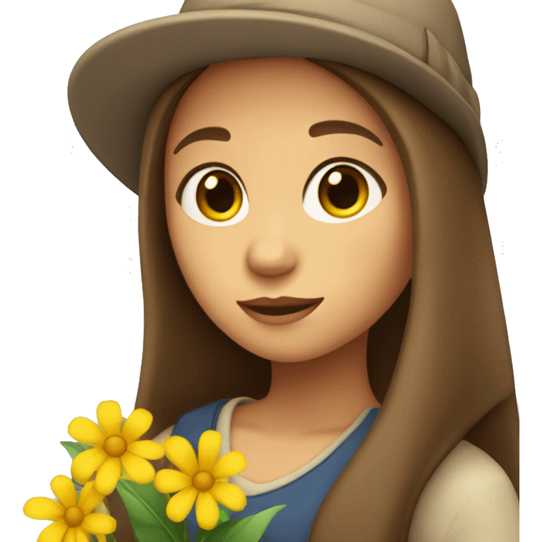 Girl with brown long straight hair wearing a hat and a yellow flower in her hand emoji