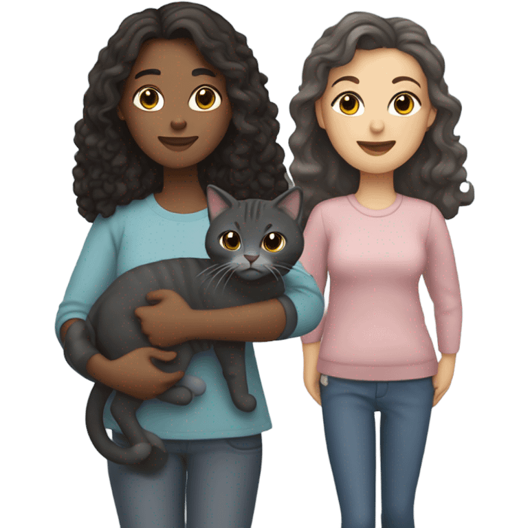 Family emoji, one woman with straight dark brown hair, one woman with curly long dark hair holding a dark grey cat and a grey tabby cat  emoji