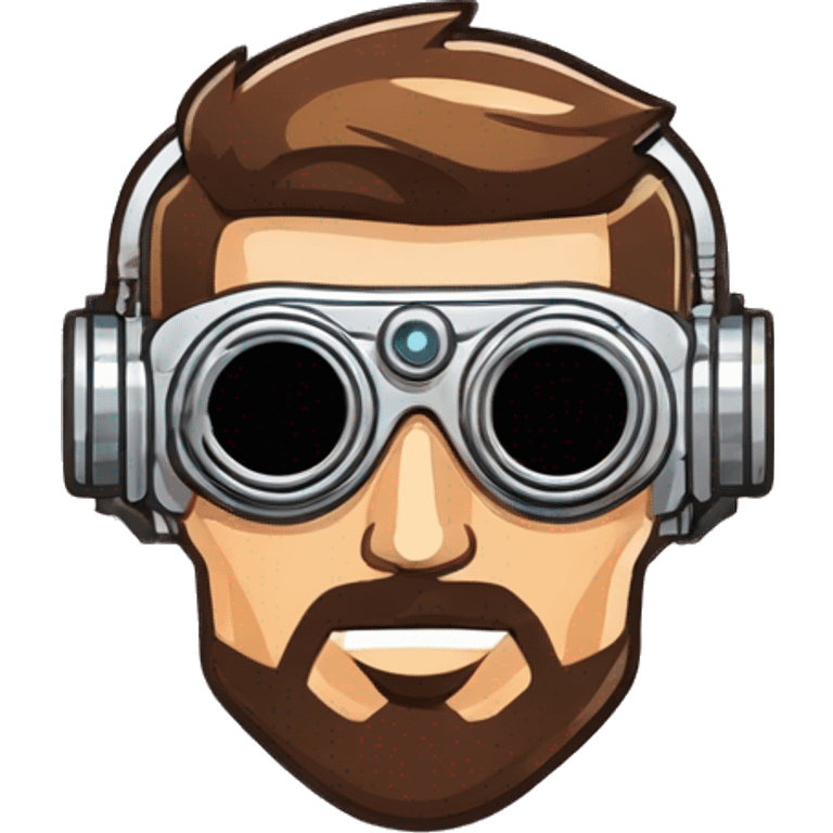 male cyborg head with brown short hair, brown beard, silver steampunk goggles and circuits emoji