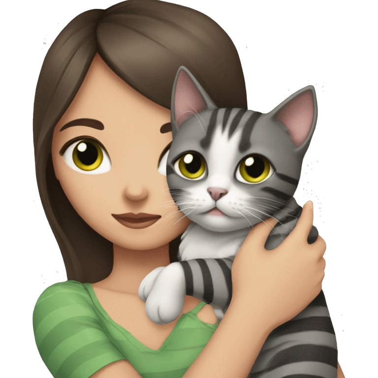 Brunette girl with green eyes, holds in her arms a British gray, striped cat with brown eyes emoji