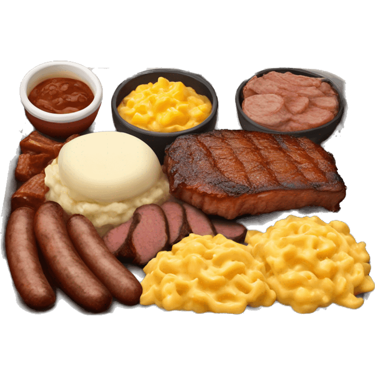 Full assorted tray of Texas bbq with brisket, sausage, corn, mashed potato, Mac and cheese  emoji