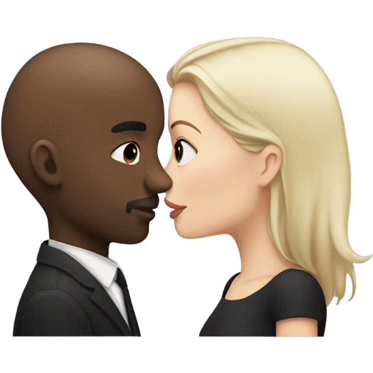 White girl dark hair kissing bald black man emoji