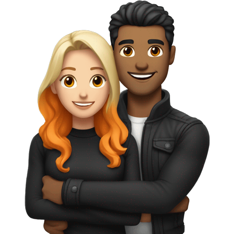 A muscular, well-shaped, slightly brunette man wearing a black jacket and a woman with light blonde and orange hair hugging him. emoji