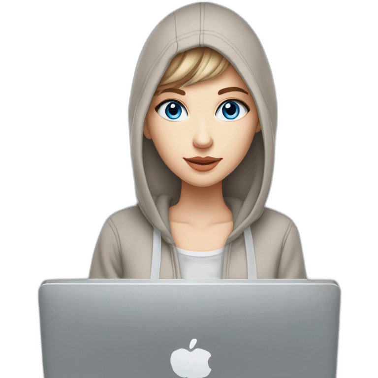 beautiful girl with computer,blue eyes,beautiful girl with short hair with computer,blue eyes,white skin, makeup, hoodie,short light-brown hair,code in background emoji