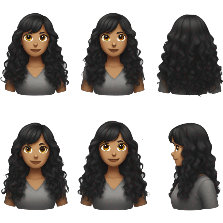 woman with long black curly hair and bangs and dark brown eyes emoji