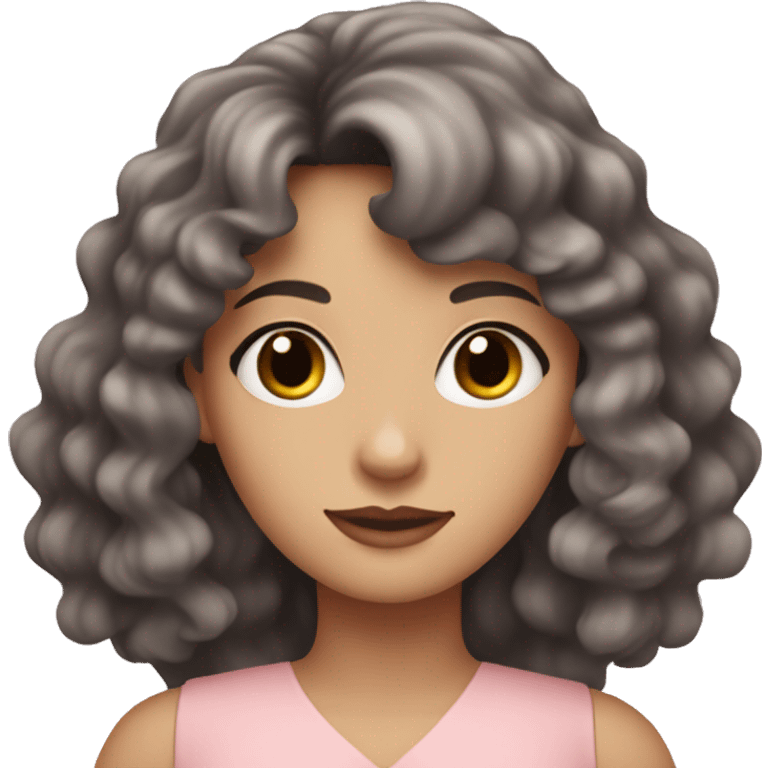 White woman with long black curly hair and bangs and dark brown eyes, wearing a pastel pink dress emoji