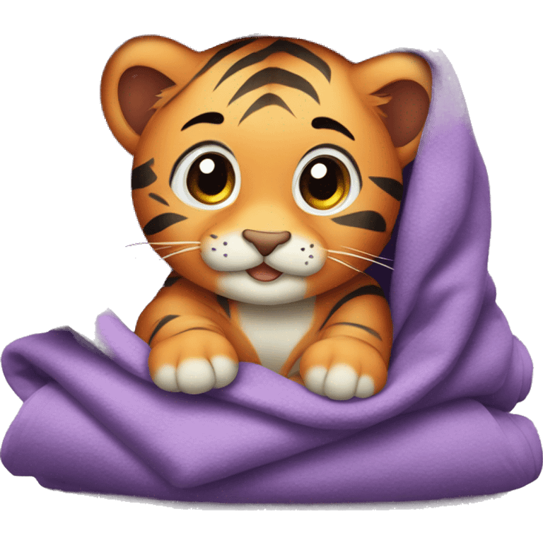 cute Baby tiger in Cozy purple blanket emoji