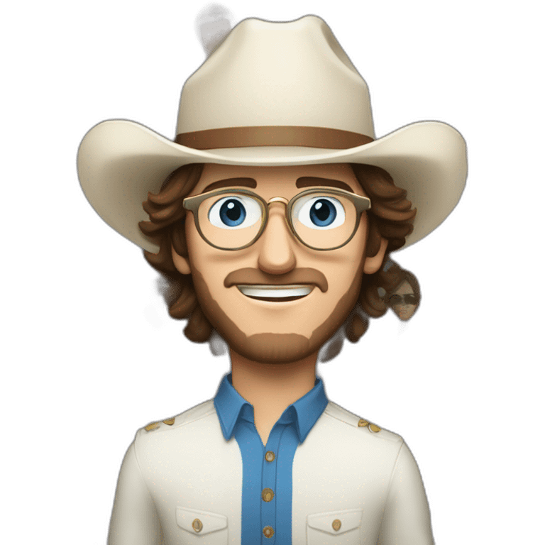 Realistic white man with golden glasses, blue eyes, and brown hair in the style of the Beatles,20 years old, no bear, with a cowboy hat emoji