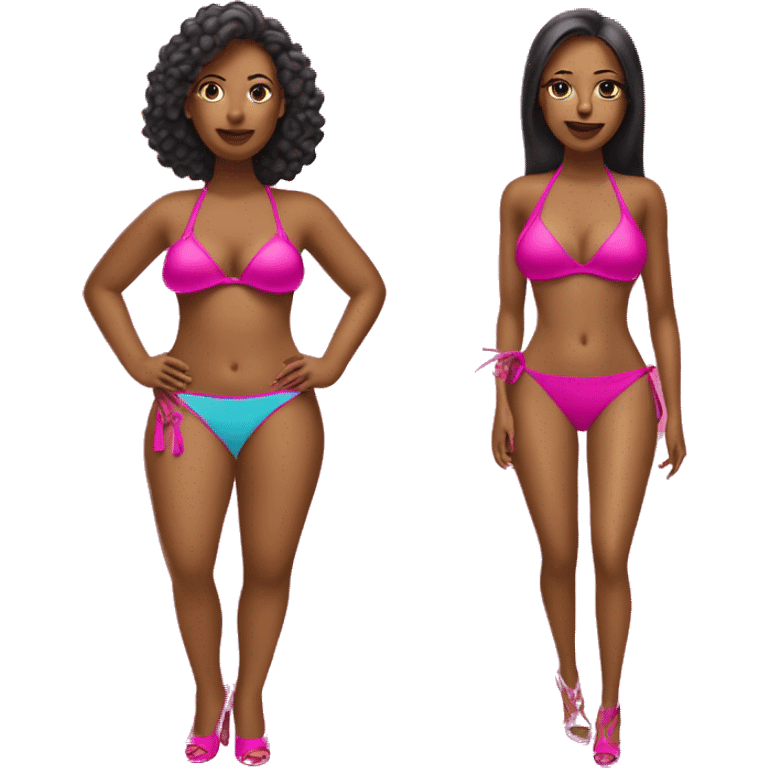 two women in bikinis with 6 inch hot pink heels emoji