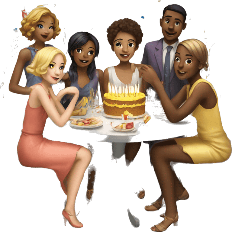 Birthday party table with young friends in 20s emoji