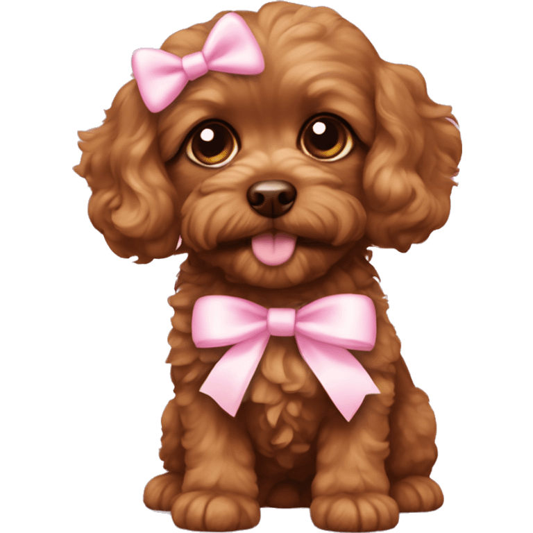 mini brown cavapoo with light pink bow emoji