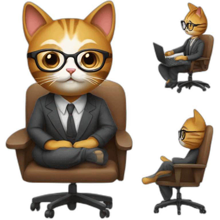 a cat teacher sit in a chair by desk with glasses and dress emoji