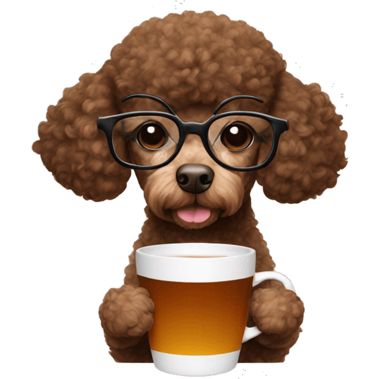 Brown poodle with glasses reading and drinking a cup of tea emoji