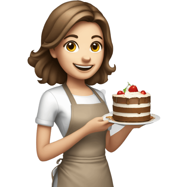 happy white girl- brown hair- cooking holding food cake  emoji