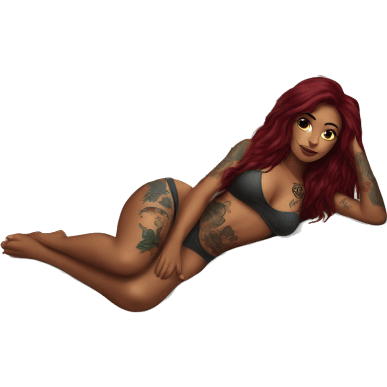 Beautiful tattooed burgundy long haired woman laying on the bed emoji