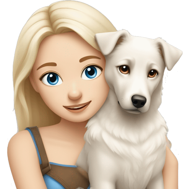 Blond girl with blue eyes cuddles a white Sheppard dog with brown eyes  emoji