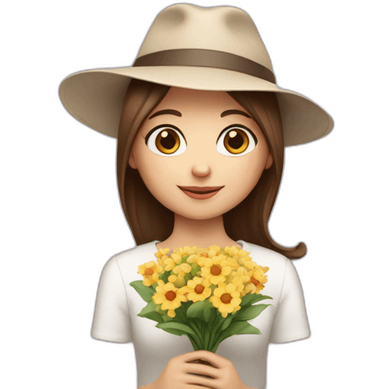 white skin, Girl with a hat, brown hair straight to the shoulders, holding a bouquet of flowers emoji