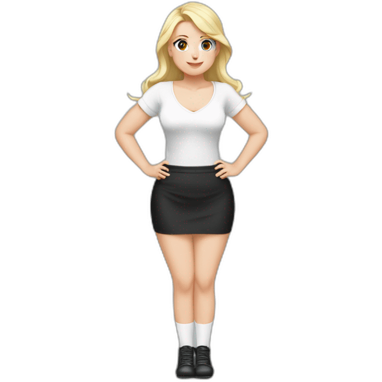 Front view full body curvy caucasian beauty sitting straight hands up black skirt white knickers white socks emoji