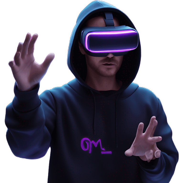 Russian man wearing a black hoodie with "OMG" letters on it and VR headset oculus quest 2 in a cyberpunk VR environment with violet neon lighting. Showing direction with hand emoji