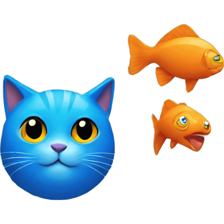 Blue cat whit black pupils smiling whit a orange fish near him smiling emoji