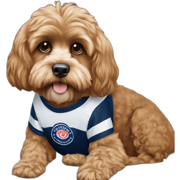 cavoodle dog wearing a geelong afl shirt emoji