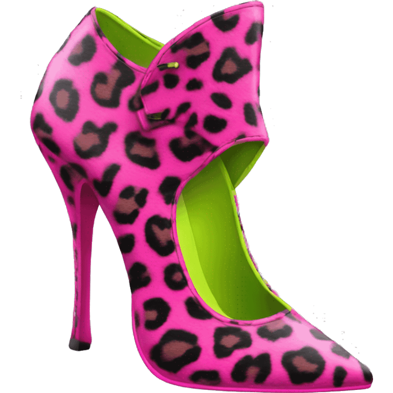 Realistic isolated pair of hot pink and lime green leopard print pointed toe high heel shoes. emoji