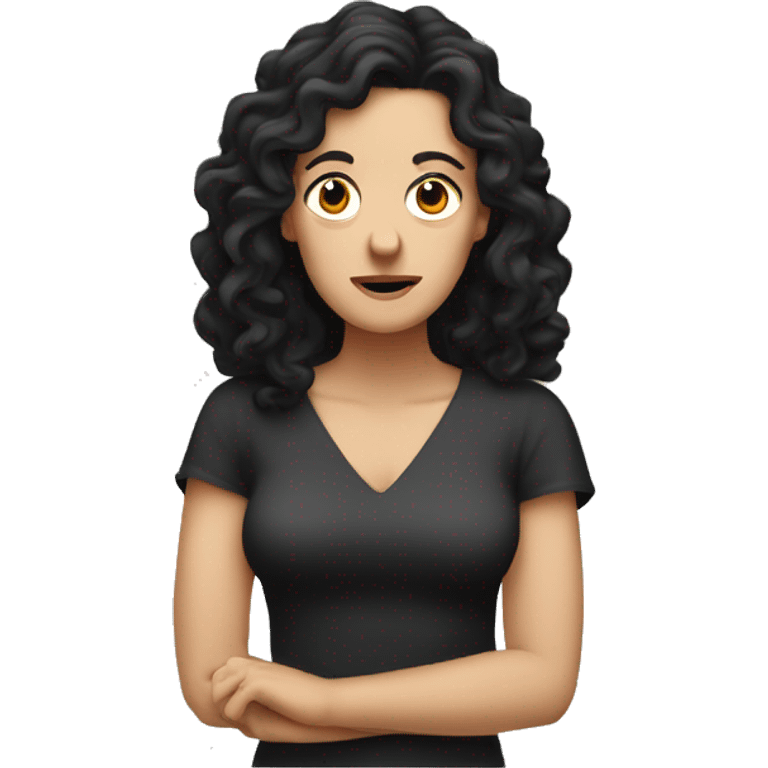 white woman, long curly black hair, shrugging hands incensed emoji