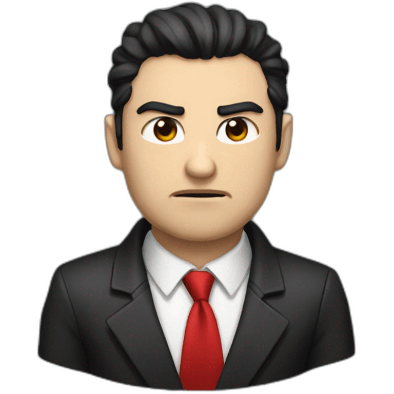 Boss, white skin, black hair, brown eyes, black jacket with red tie. angry emoji