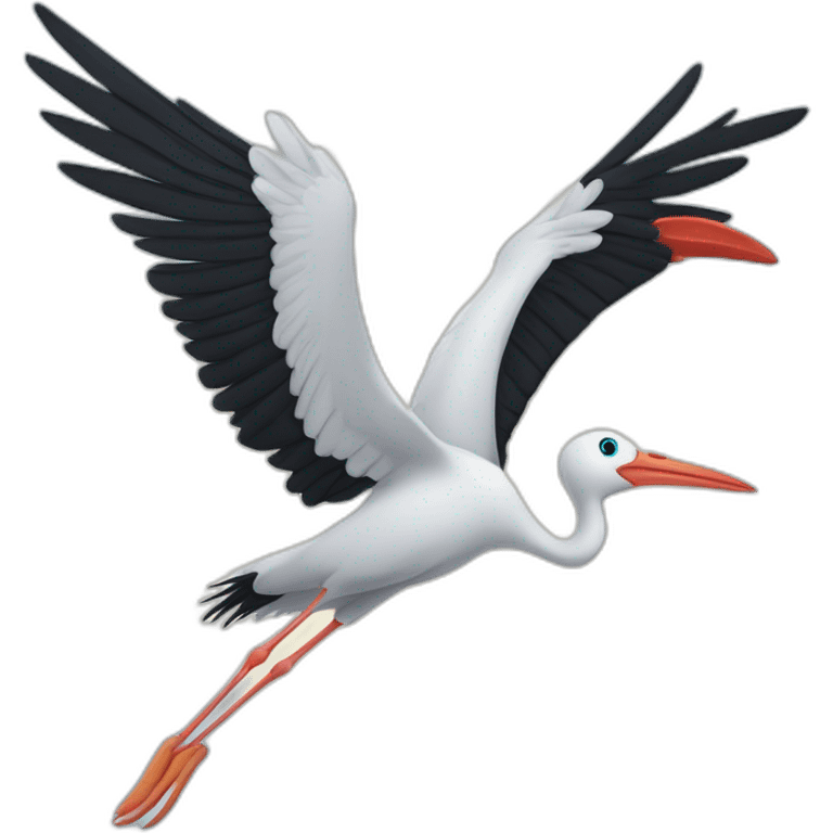  white stork with long legs, a long beak, and black wingtips, flying in the sky and carrying a bundle of blue cloth in its beak and has a cute baby face peeking out from it emoji