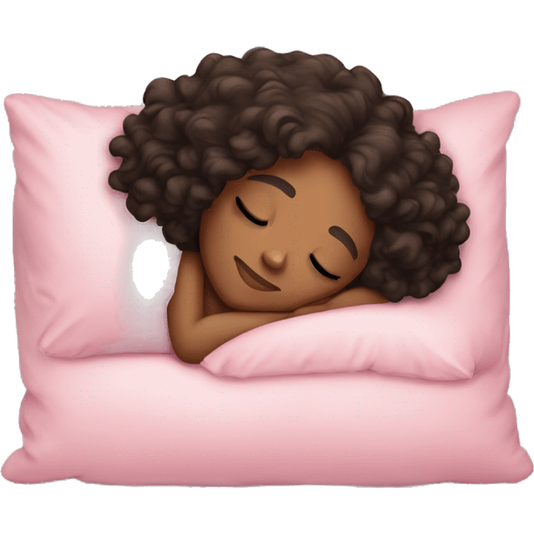 Sleeping girl on pink pillow dark curly hair light skin emoji